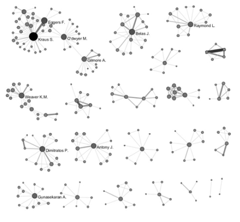 Networks of authors of research papers on SMEs in WoS database