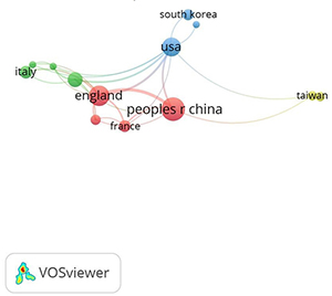 Redes de colaboraci&oacute;n entre pa&iacute;ses en el tema de Ecosistemas Empresariales (datos del software VOSviewer)