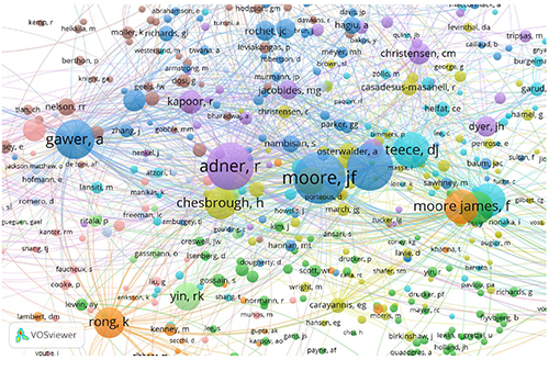 Redes de citas entre autores en el tema de Ecosistemas Empresariales (datos del software VOSviewer)