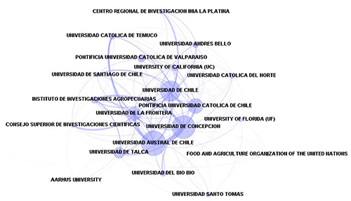 Red global de las Ciencias Agrarias chilenas con el 1% de instituciones con mayor grado de centralidad