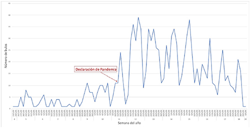 Evoluci&oacute;n temporal del n&uacute;mero diario de bulos a lo largo de las semanas, en Espa&ntilde;a y Am&eacute;rica Latina