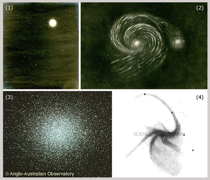 Ejemplos de los objetos celestes considerados en este art&iacute;culo: (1) estrella, (2) nebulosa, (3) c&uacute;mulo y (4) galaxia. Fuente: DSpace (Repositorio del Instituto de Astronom&iacute;a de la Universidad de Cambridge), Science Photo Library (imagen de la Royal Astronomical Society) y Observatorio Anglo-Australiano.