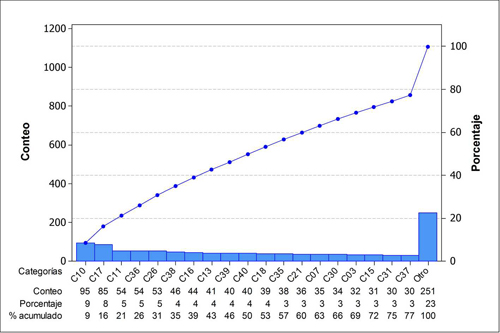 Diagrama de Pareto para la frecuencia absoluta de las categor&iacute;as investigadas