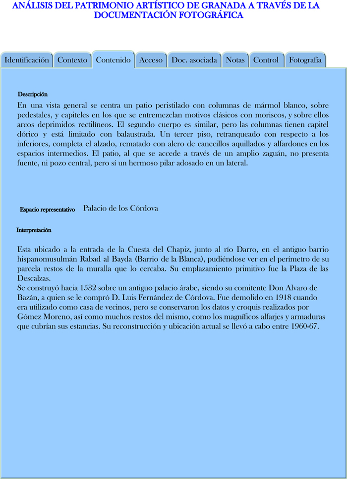 Modelo propuesto para la descripci&oacute;n de los registros fotogr&aacute;ficos en Contenido (Palacio de los C&oacute;rdova)