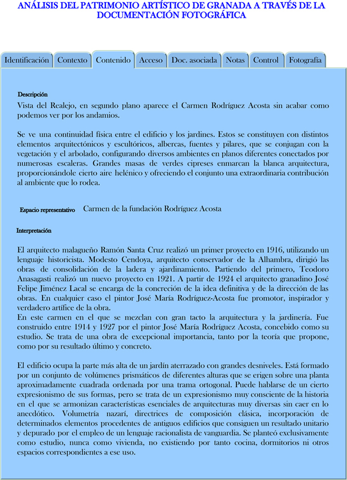 Modelo propuesto para la descripci&oacute;n de los registros fotogr&aacute;ficos en Contenido (Carmen de la Fundaci&oacute;n Rodr&iacute;guez Acosta)