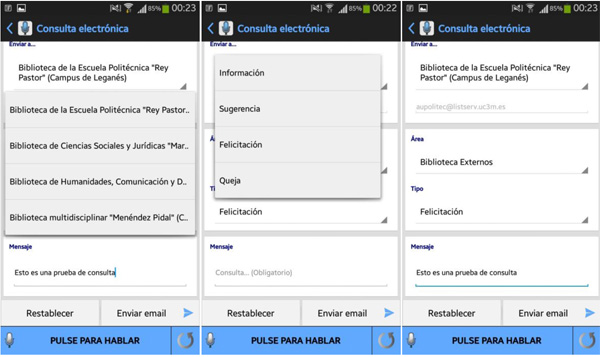 Capturas de pantalla de la funcionalidad Contacto con la biblioteca
