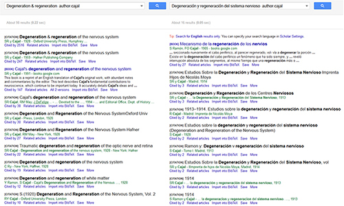 Example of language versions (English and Spanish) of “Degeneration and regeneration of the nervous system” by Cajal in Google Scholar