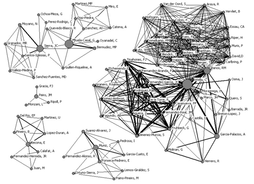 Redes de colaboración de los autores con mayor presencia en los comités editoriales